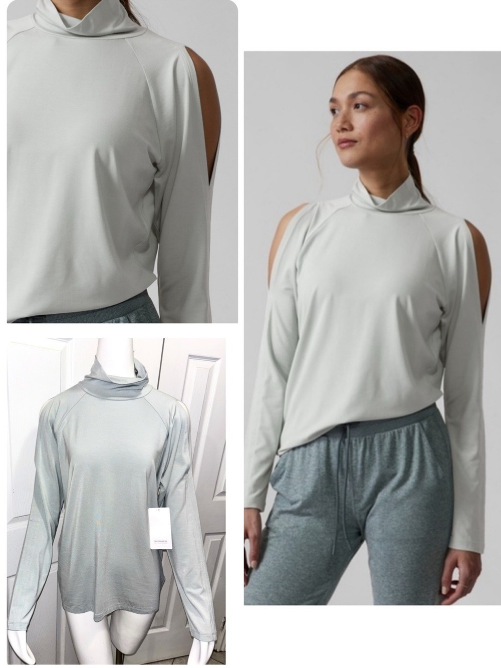 NWT Athleta Coast Grey Long Sleeve Cold Shoulder Turtleneck Top Size Large NEW